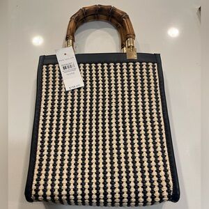 Ann Taylor Woven Black and Cream Mini Bag with Bamboo Handle